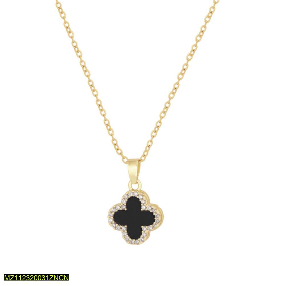 Four Leaf Clover Stone Black Pendant Necklace