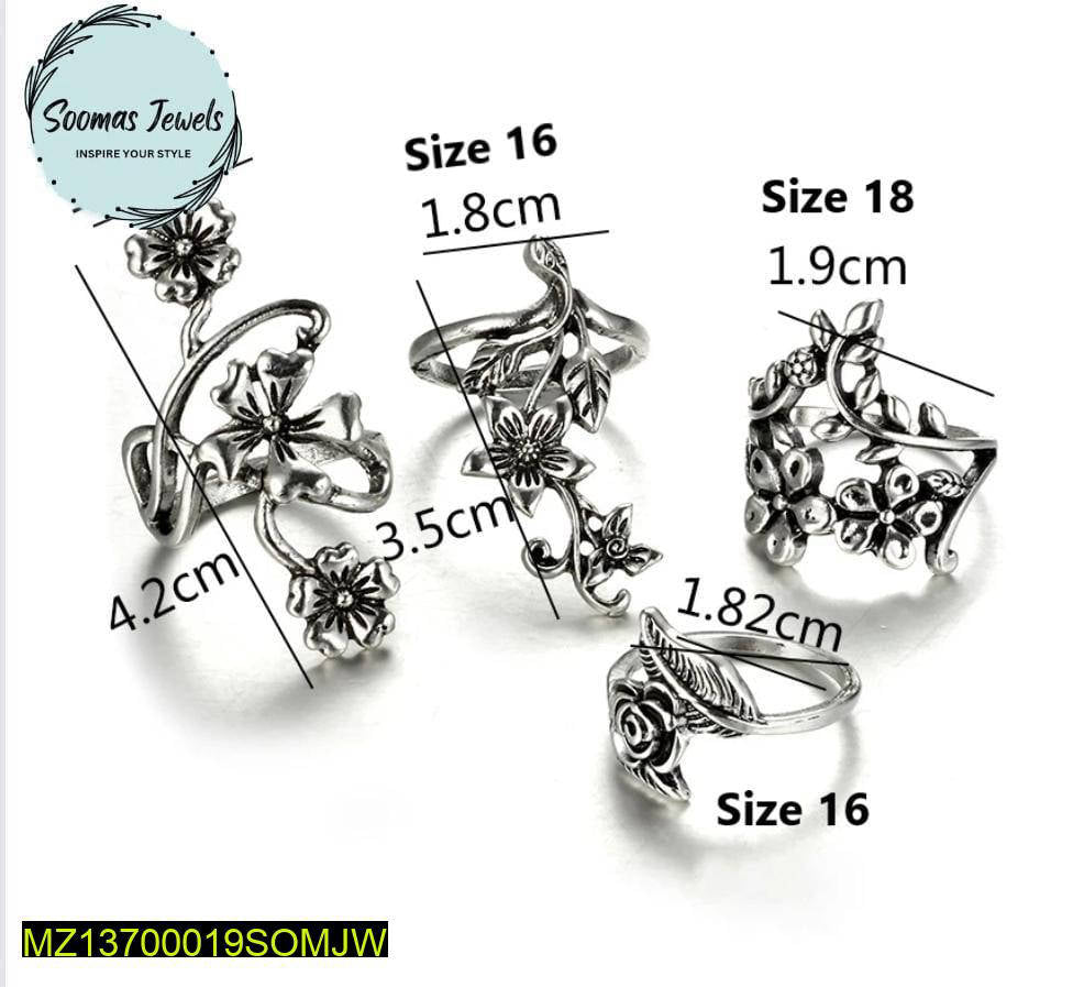 4 Pcs Trendy Antique Flower Ring Set
