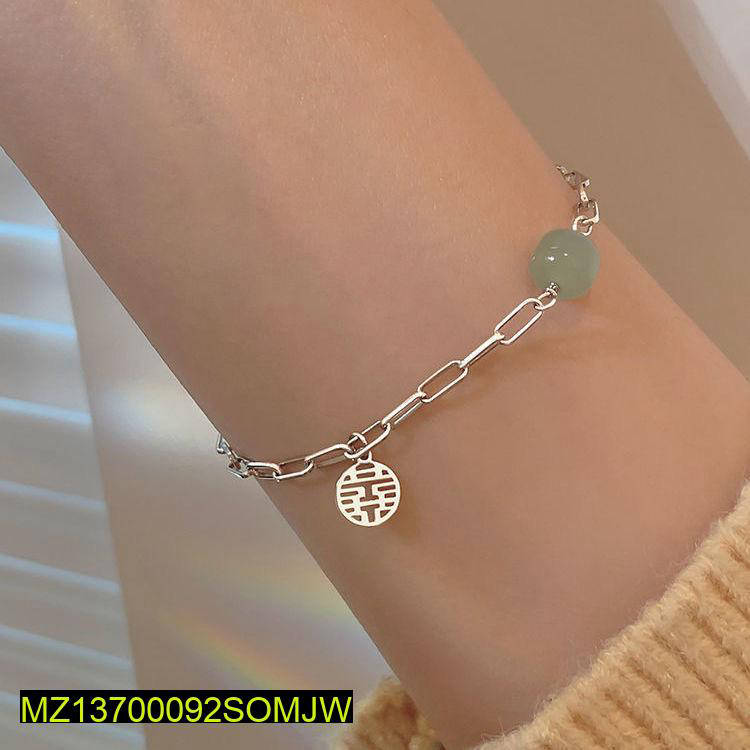 1 Pc Alloy Silver Plated Lucky Jade Charm Chain Bracelet